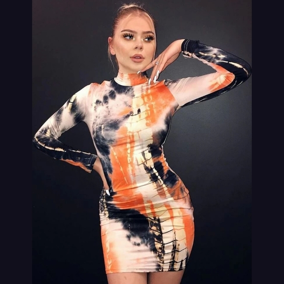 HP - Mock Neck Tie-dye Long Sleeve Bodycon Dress - Picture 2 of 6